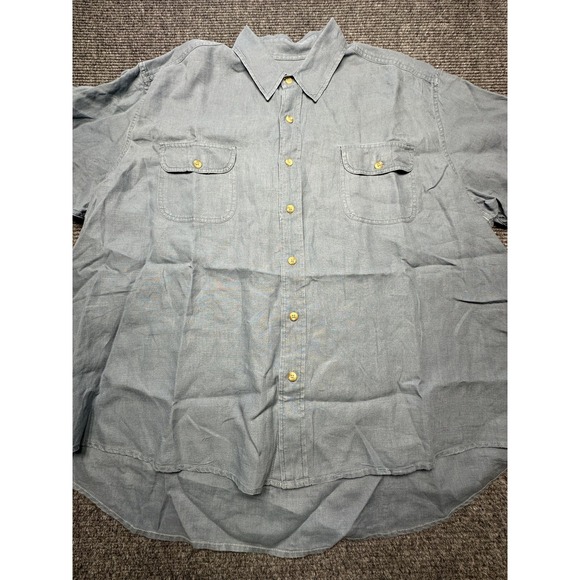 Eddie Bauer Shirt Mens 2XL Blue Linen‎ Short Sleeve Button Up Dual Chest Pockets - Picture 1 of 11